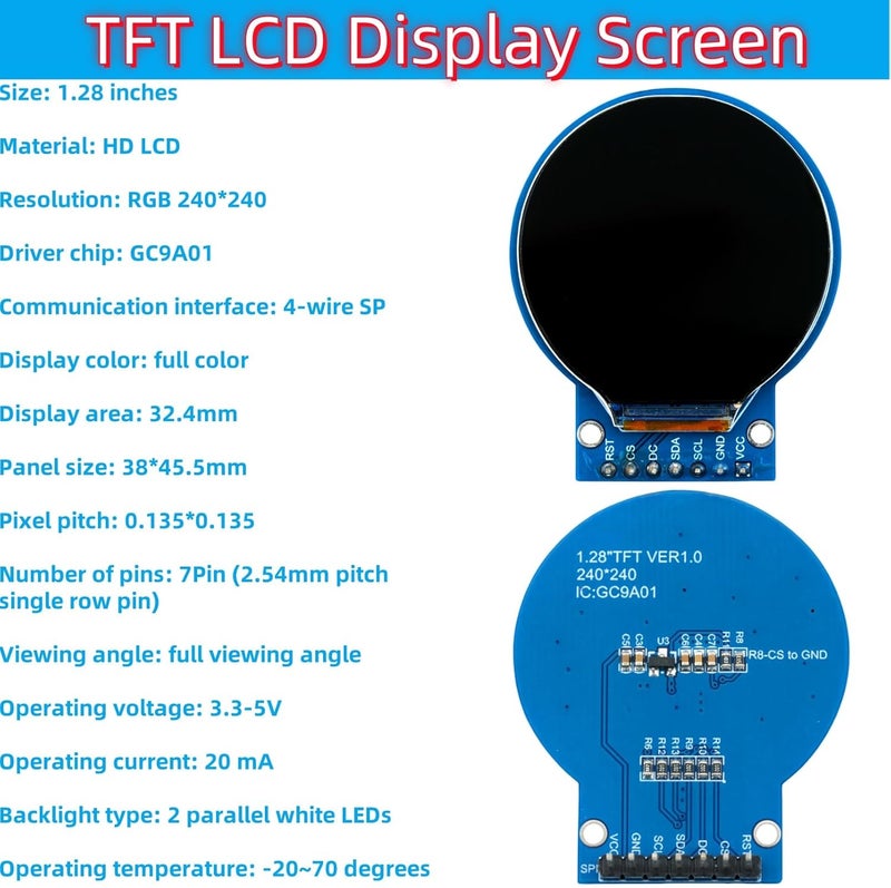 MTDELE 3Pcs TFT LCD Display Screen Compatible with for Arduino (1.28 Inch 240x240) Round Full Color HD IPS Full View RGB Touching Display GC9A01 Driver Chips 7 Pin SPI Interfac Welding Pins - Image 3